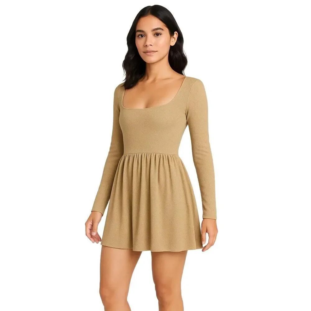 Free People Gold Metallic Square Neck Mini Dress Size S Holiday Night Out